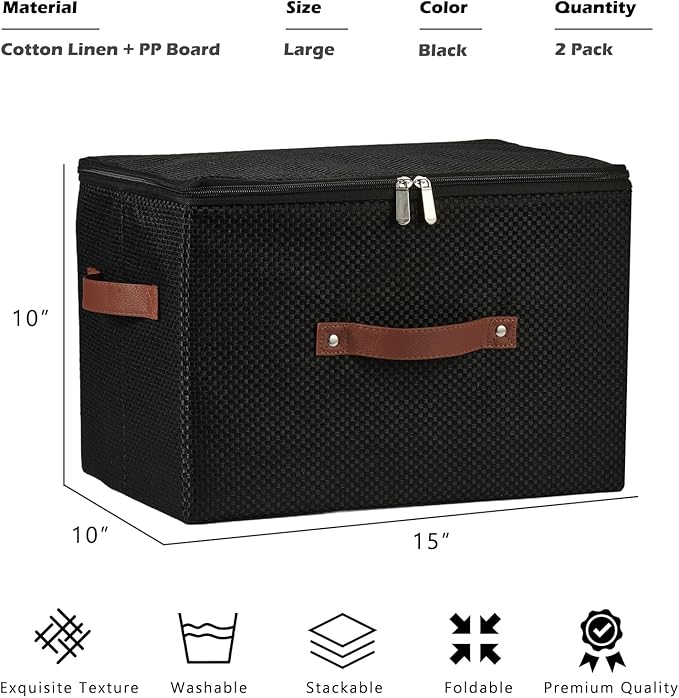 2PCS Storage Bins with Lid Fabric Storage Box Basket PU Leather Handle Textured Woven Cotton Linen Decorative Foldable Washable Shelf Closet Organizer Container (Zipper Lid, Black, Large)