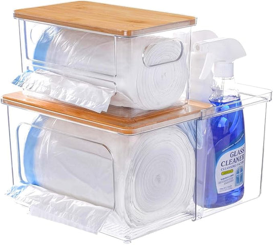 Trash Bag Dispenser Holder - 3 in 1 Acrylic Plastic Garbage Bag Pantry Organizer, Clear Large Laundry Pods Container with Lid, Stackable Under Sink Kitchen Laundry Room Organization and Storage