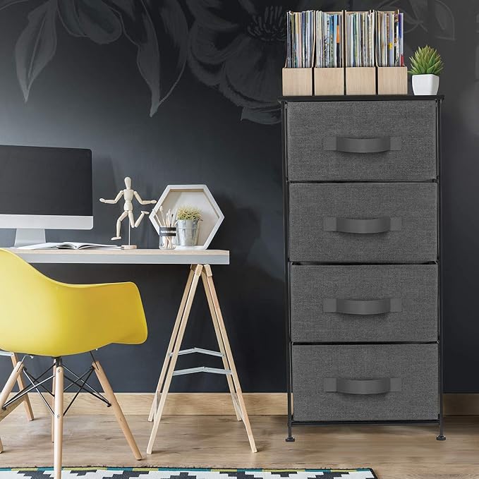 Sorbus Nightstand with 4 Drawers - Bedside Furniture & Night Stand End Table Dresser with Steel Frame, Wood Top, Easy Pull Fabric Bins for Home, Bedroom Accessories, Office & Dorm