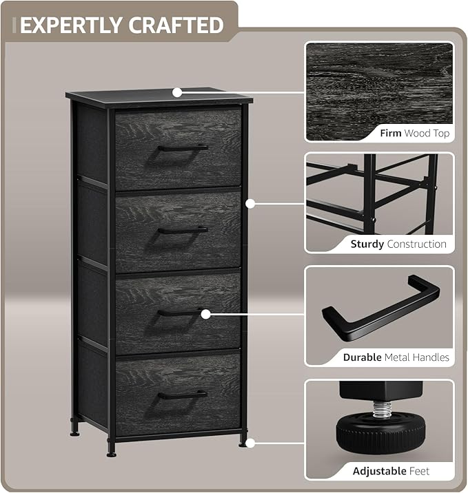 Sorbus Nightstand Dresser with 4 Faux Wood Drawers - Tall Bedside Table Chest with Storage, Steel Frame, Wood Top, Easy Pull Fabric Bins for Bedroom, Living Room, Closet & Dorm Furniture Lamp Stand