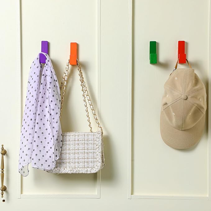 6 Pack Cute Kids Coat Wall Hooks Wooden Adhesive Decorative Colorful Wall Mounted Hangers Backpack Hooks for Hanging Keys Towel Clothes Bathroom Organization(Rainbow)