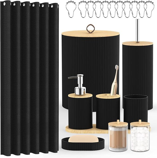 Bathroom Accessories Set - 22PCS Black Bathroom Set with Shower Curtain,Trash Can,Toilet Brush Holder Set & Soap Dispenser – Stylish & Functional Bath Decor for Home, Apartment