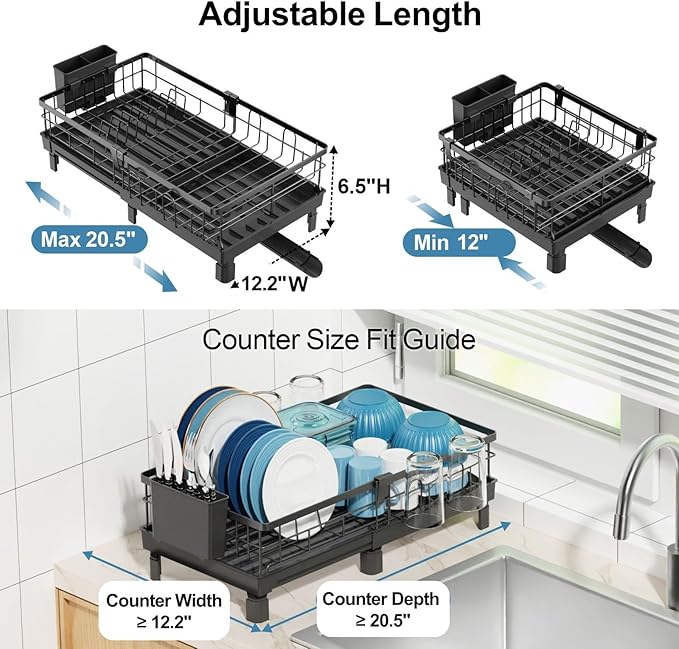 GSlife Expandable Dish Drying Rack for Kitchen Counter - Compact Rust-Resistant Dish Racks with and Cup Holder for Small Apartment, 12.2" W x 12"-20.5" L, Black