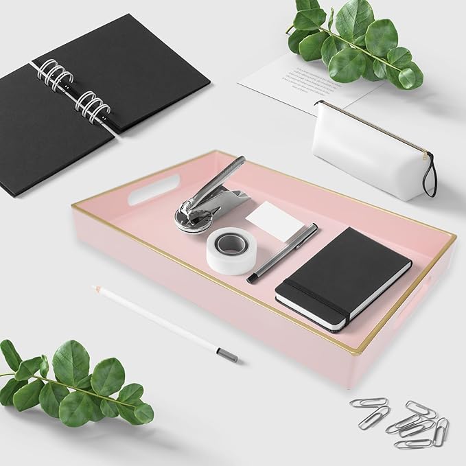 Spsyrine Pink Bathroom Vanity Tray with Handles for Dresser Tops, Countertop, Perfume Decorative Tray, 11.8â * 7.87â *1.37â