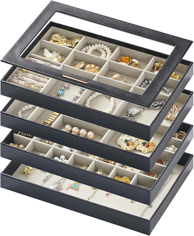 Large Jewelry Organizers and Storage Box, 4 Layers Stackable Jewelry Organizer Trays Clear Lid Cover for Drawers, Jewelry Boxes for Women, Stacker Jewelry Display Case (Black)