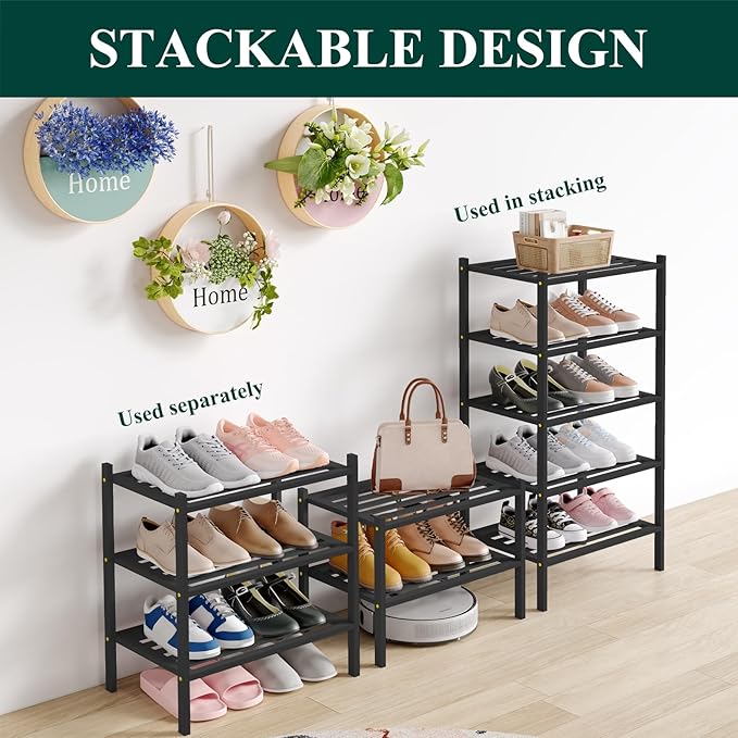 Smiry Small Bamboo Shoe Rack 3-Tier, Stackable Wooden Shoe Organizer for Entryway & Closet, Free Standing Wood Shoe Storage Shelf for Front Door & Small Spaces, Black