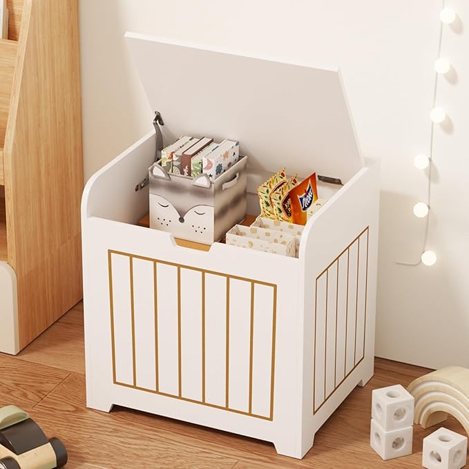 White Wooden Storage Chest Box, Small Cube Storage Organizer with Door, Modern Entryway Storage Bin for Home Books, Clothes, Plants, Square Side Table for Living Room or Bedroom