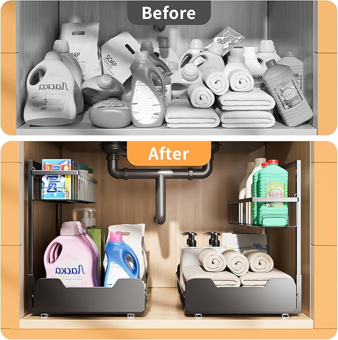 Under Sink Organizer, 2-Tier L-Shaped Pull Out Cabinet Shelf with 2 Installation Methods, Adjustable Sliding Storage Drawer for Kitchen, Bathroom, Laundry, Metal, Black, 2-Pack