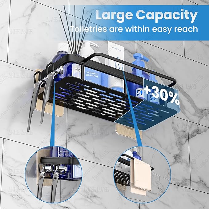 2-Pack Adhesive Shower Caddy – Rustproof Aluminum Black Shower Shelves with Towel Bars & Hooks, No Drill Bathroom Organizers and Storage, Anti-Tip Shower Organizer for Inside Shower
