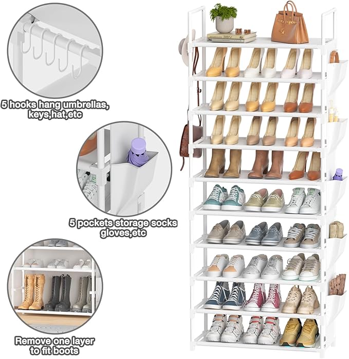 Tall Shoe Rack 10 Tier Shoe Racks Organizer for Closet 30-35Pairs,Large Capacity Storage Rack for Shoes with 5Hooks and Side Pocket,Sturdy Metal Shoe Shelf, Vertical Shoe Stand Tower
