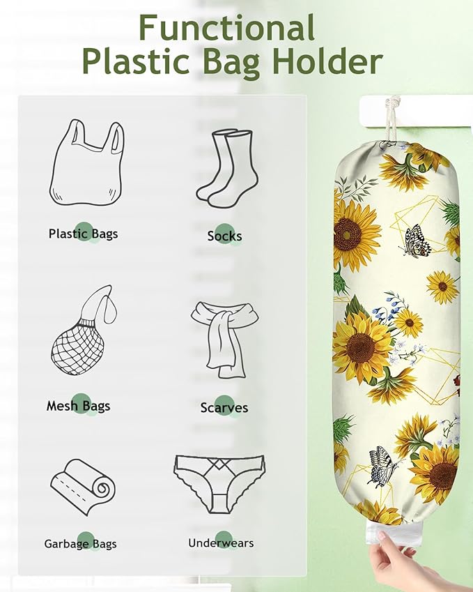 Plastic Bag Holder, Grocery Bag Organizer - 1 Pack Cute Kitchen Dispenser Holders Reusable Shopping Western Hanging Wall with Adjustment Drawstring Closure for Women Home, Sunflower
