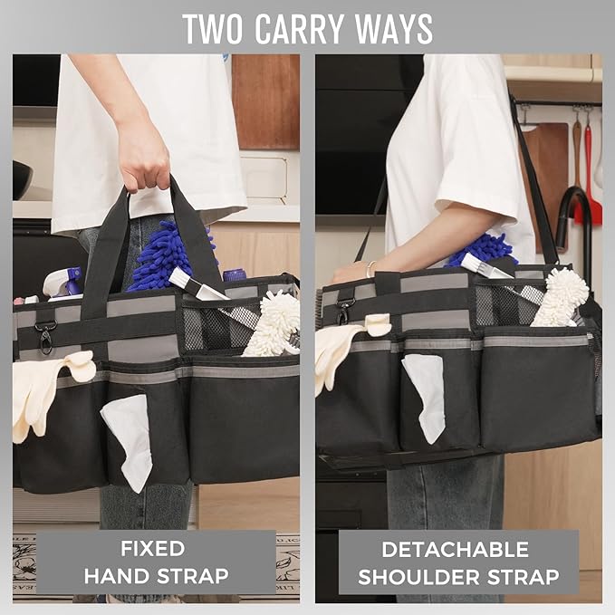 Wearable Cleaning Caddy, Cleaning Caddy Supplies Organizer with Handle & Shoulder Straps for Housekeepers, Under Sink & Car Cleaning Tool Organizers Bag with 4 Foldable Divider (MediumGrey)