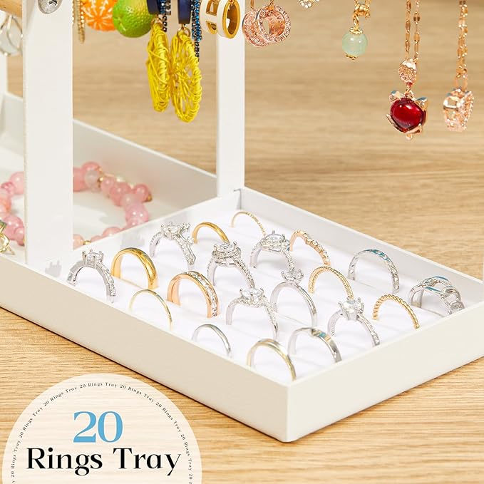 Jewelry Organizer Stand, Jewelry Holder Tree and Storage, Super Large Capacity, 72 Earring Holes, 12 Necklace Hooks, 20 Rings Slot, 2 Bracelet Bars, Assemble Not Required, Size 3.94*9.84*13.78 Inch