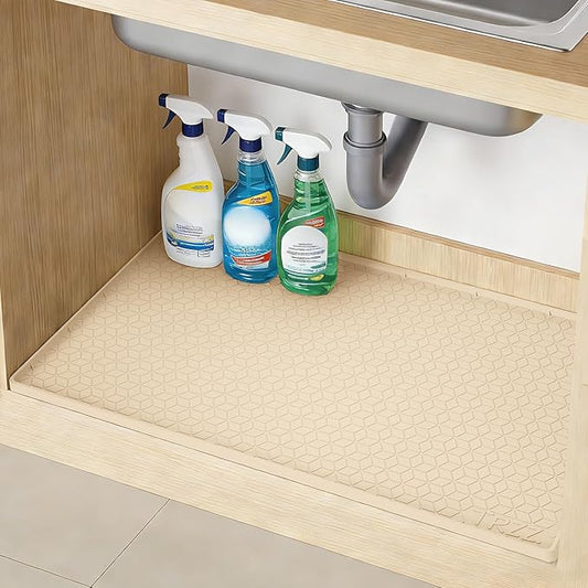 TRZZ Silicone Waterproof Under Sink Mat 28" x 19", Drip Tray and Cabinet Liner for Kitchen and Bathroom, Prevents Water Damage and Organizes Cabinets (Beige)