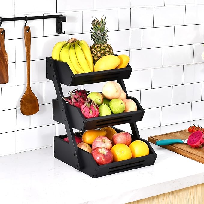 Fruit Basket, 3 Tier Bamboo Fruit Bowl for Kitchen, Fruit Vegetables Stand Storage Holder, Idea Home Kitchen Countertop Organizer