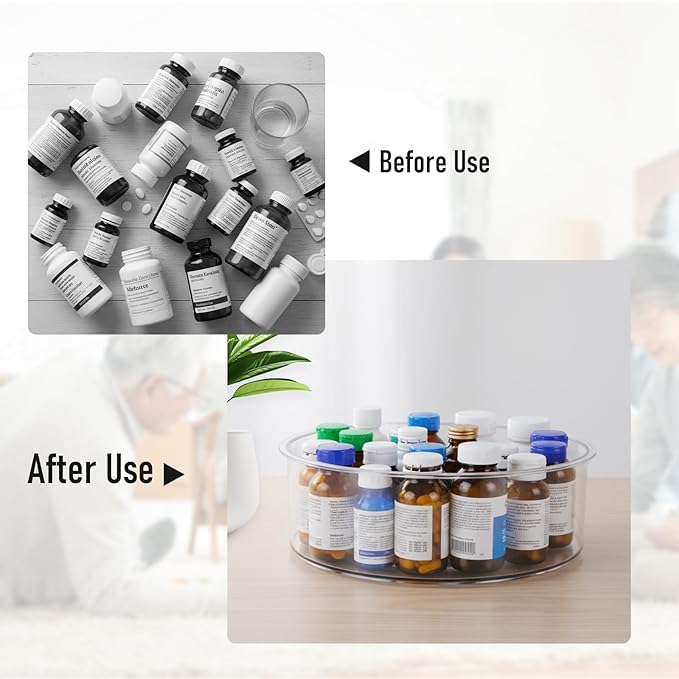 Medicine Bottle Organizer, Rotating Medicine Organizer for Cabinet, 9" Diameter, Transparent Rotary Turntable Organizer for Empty Pill Bottles Medication Supplements Vitamins