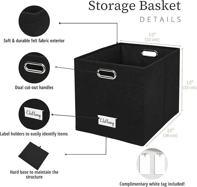 DECOMOMO Black Storage Bins 13x15x13 Storage Cube Bins with Labels, Felt Baskets for Organizing Shelves (Kallax / 4pcs, Felt Black)
