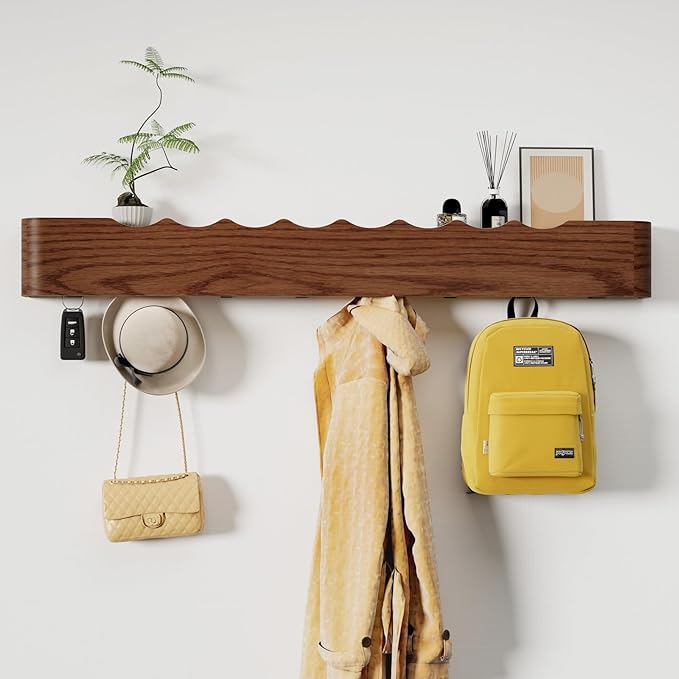 Coat Rack Wall Mount with Shelf 8 Hidden Hooks Modern Wooden Key Holder Entryway Organizer for Hallway Bedroom Bathroom Home Decor Storage for Hanging Coats Hats Bags Towels, Wave-Shape Walnut