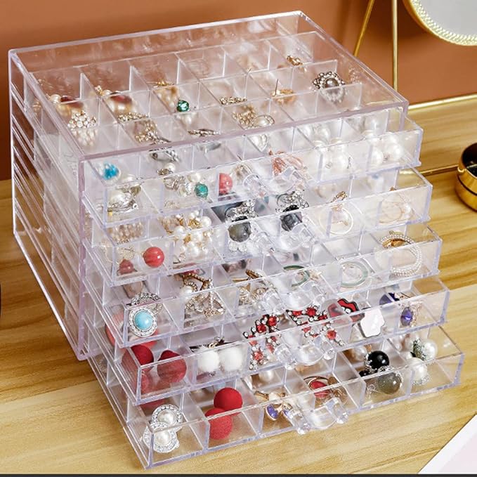 Earring Storage Box Organizer, Acrylic Jewelry Storage Box Holder 5 Drawers Transparent Jewelry Display Stand with 120 Small Compartments Gift Boxes for Women Girls (Clear)