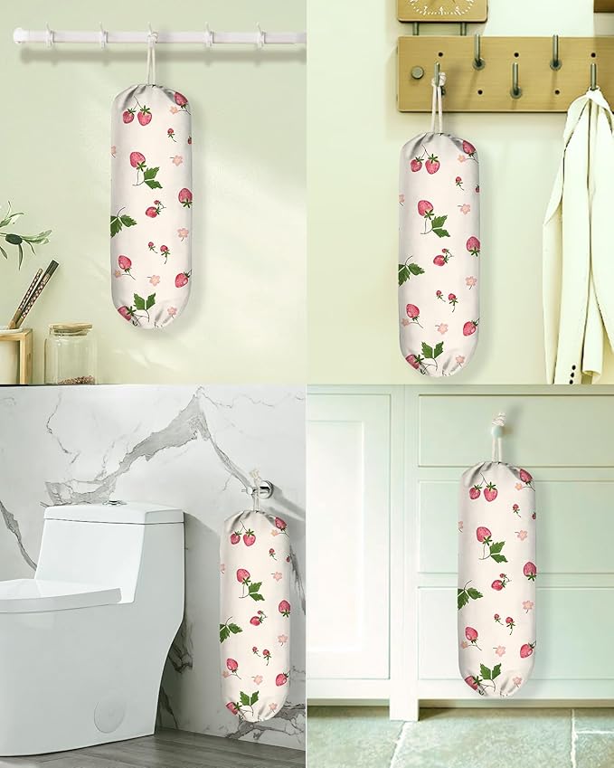 Plastic Bag Holder Organizer - 1 Pack Reusable Canvas Grocery Bags Holder Hanging Wall Cute Aesthetic Shopping Bag Storage Dispenser with Drawstring Closure for Kitchen Home, Strawberry