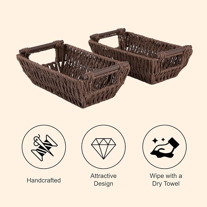 OIAHOMY Small Storage Baskets, Paper Rope Wicker Organizers with Wooden Handles, Baskets for Organizing, 2-Pack, Brown