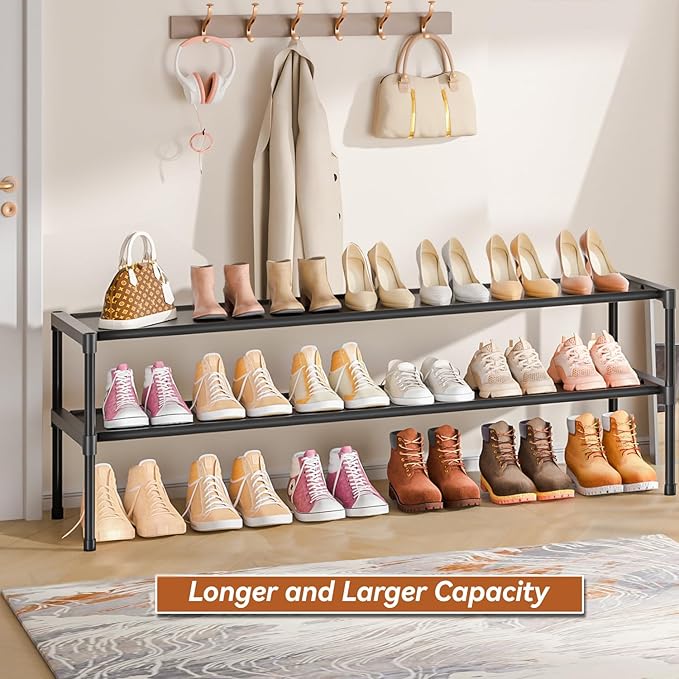 Extra Long Shoe Rack 2 Tier Shoe Storage Organizer Wide Stackable Shoe Organizer Racks for Closet Entryway,Shoe Shelf Stand Sturdy Durable Shoes Rack Holder Save Space