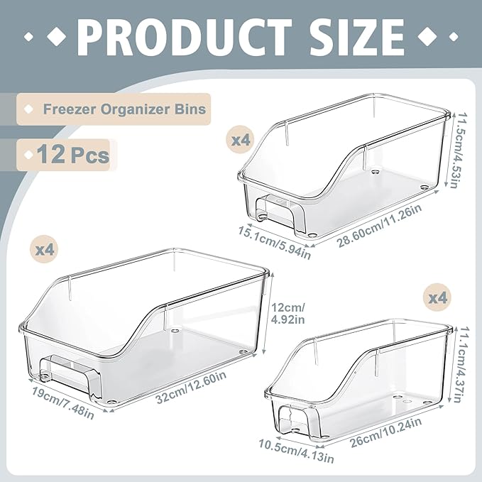 LemonRoad 12 Packs Clear Freezer Organizer Bins with Handle Pantry Vegetable Organizers and Storage Stackable Open Front Fridge Storage Egg Salad Containers for Kitchen Refrigerator Cabinet Closet