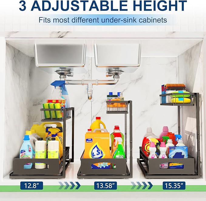 Under Sink Organizer, 2 Packs Height Adjustable Under Sink Storage, Pull Out Cabinet Storage Shelves, Slide Out Drawer for Kitchen Bathroom Pantry. (Black, 2 Pack)