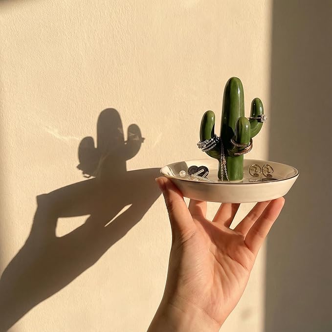 Cactus Jewelry Holder and Ring Dish - Ceramic Succulent Decor for Kitchen Sink or Vanity - Cute Engagement, Birthday, or Motherâs Day Gifts for Women, Gold-Rimmed Trinket Tray