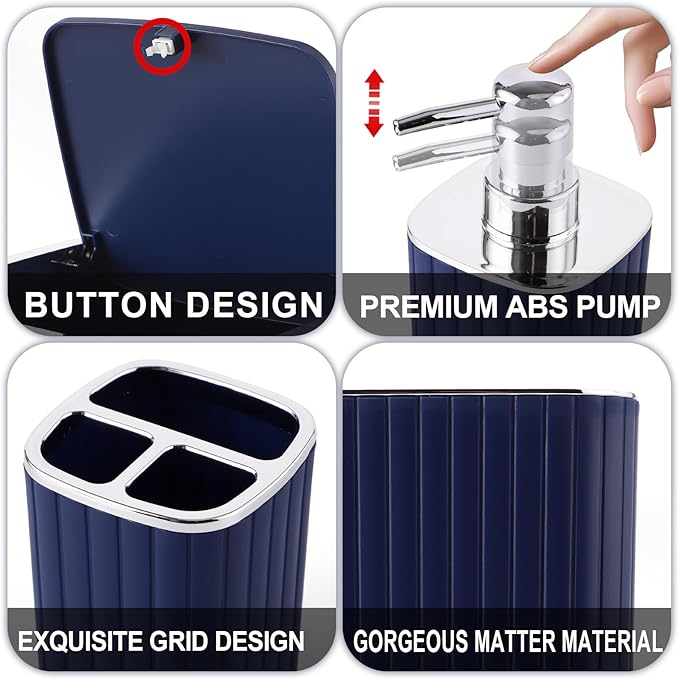 Bathroom Set with Shower Curtain and Rugs- 25PC Bathroom Accessory Set, Navy Blue Shower Curtain Set, Toilet Brush, Trash Can, Qtip Holder & Soap Dispenser