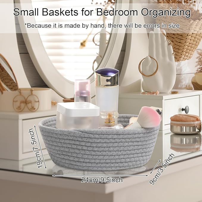 4 Pcs Small Storage Cotton Rope Woven Baskets for Gifts Empty Boho Shelf Closet Storage Baskets Gift Cute Baby Basket for Nursery Basket Easter Decorative Storage Bins for Living Room Bedroom(Grey)