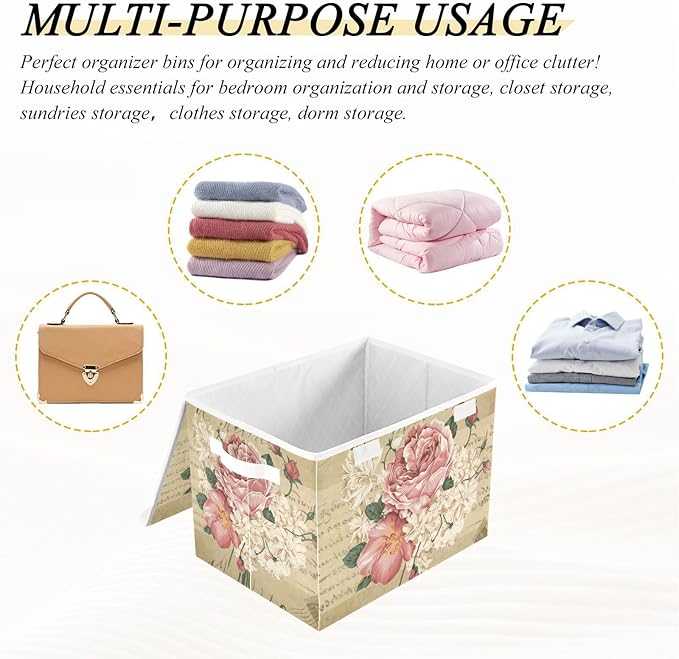 senya Flower Baskets Collapsible Storage Bins with Lids, Vintage Rose Floral Storage Boxes Clothes Baskets for Organizing