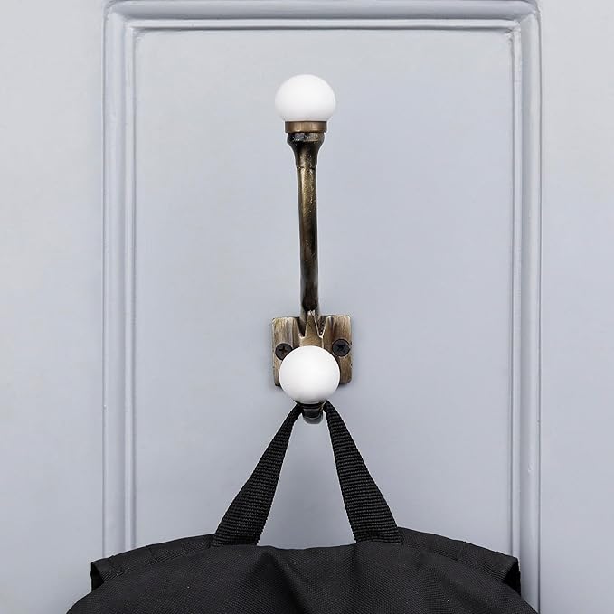 Indian Shelf Pack of 6 Heavy Duty Double Prong White Decorative Coat Hooks Unique Coat Rack Wall Mount Ceramic Wall Hooks for Hanging Towel Holder Backpack Purse Hanger- Style 8