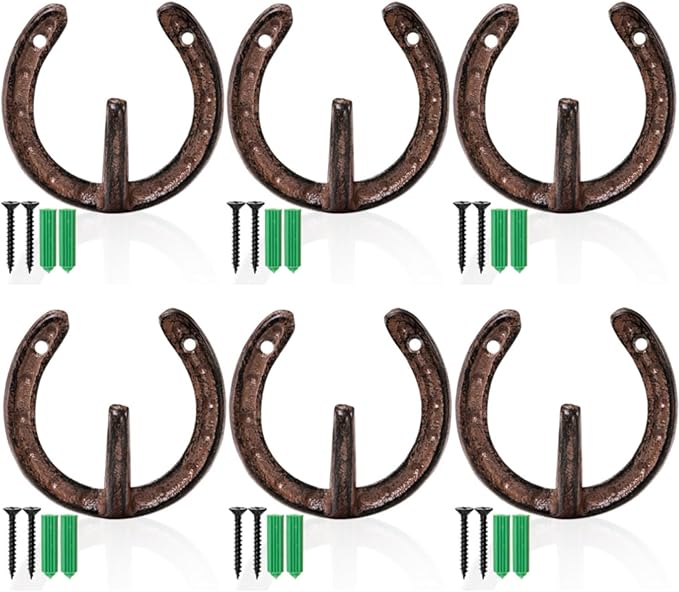 6 Pack Cast Iron Wall Hooks, Vintage Heavy Duty Wall Mounted Horseshoe Hanger, Multiuse Coat Hook Farmhouse Decor for Hanging Hat Key Towel Bag