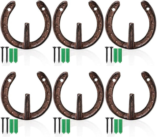 6 Pack Cast Iron Wall Hooks, Vintage Heavy Duty Wall Mounted Horseshoe Hanger, Multiuse Coat Hook Farmhouse Decor for Hanging Hat Key Towel Bag