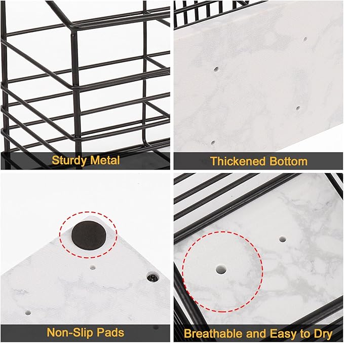 Utensil Holder for Kitchen Counter, Metal Utensil Holder Rack for Kitchen Countertop, Cooking Tools Storage for Spatula, Utensil Organizer with Marble Base, and Drainage Hole (Black Marble)