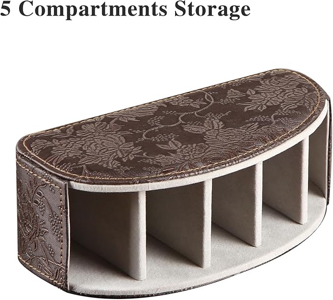 YAPISHI All-in-One Leather Brown TV Remote Holder with 5 Compartments Nightstand Desktop Media Player Remote Caddy Storage Box Organizer Tray for Mobile Office Phone Controller