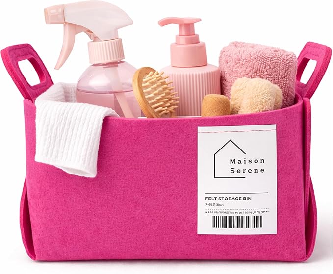 Fabric Storage Basket – Foldable Felt Storage Bin with Handles, Multi-Purpose Storage Organizer for Shelves, Closet, Toys, Clothes, Blankets, Bedroom, Living Room & Nursery, PINK, Small