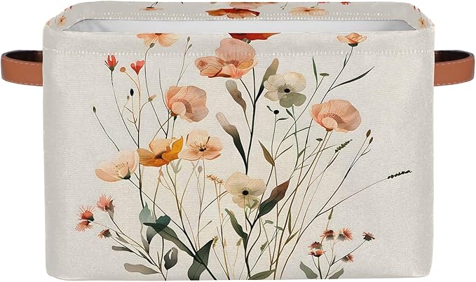 Floral Large Fabric Storage Basket for Shelves Organizing, Rectangular Closet Organizer with Handles, Wildflower Botanical Plant Decorative Foldable Closet Storage Basket