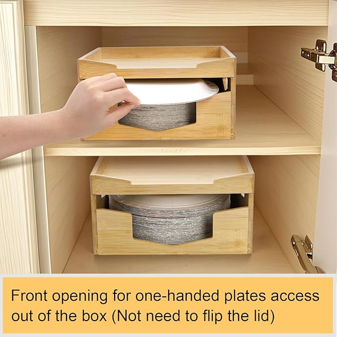 Yarlung Bamboo Paper Plate Dispenser Holder for 8-10 inch Plates and Air Fryer Liners, Portable Stackable Disposable Plates Organizer for Kitchen Cabinet and Countertop Storage