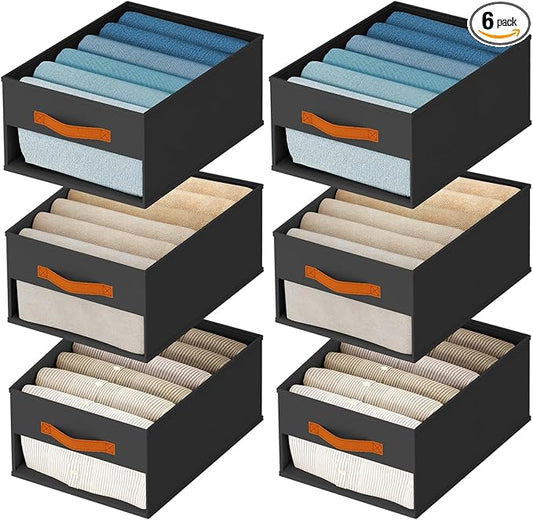 Drawer Organizers and Storage - 6 Pack Foldable Pants Organizer with Clear Window & Handles, Fabric Closet Organizer for Clothes, Jeans, Sweaters, Towels, T-shirt, Scarf (Black)