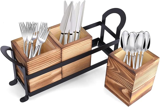 Wooden Silverware Caddy with 3 Detachable Compartments & Portable Handle - Farmhouse Countertop Organizer for Forks/Spoons/Knives, Cutlery Holder for Party, Kitchen & Dining