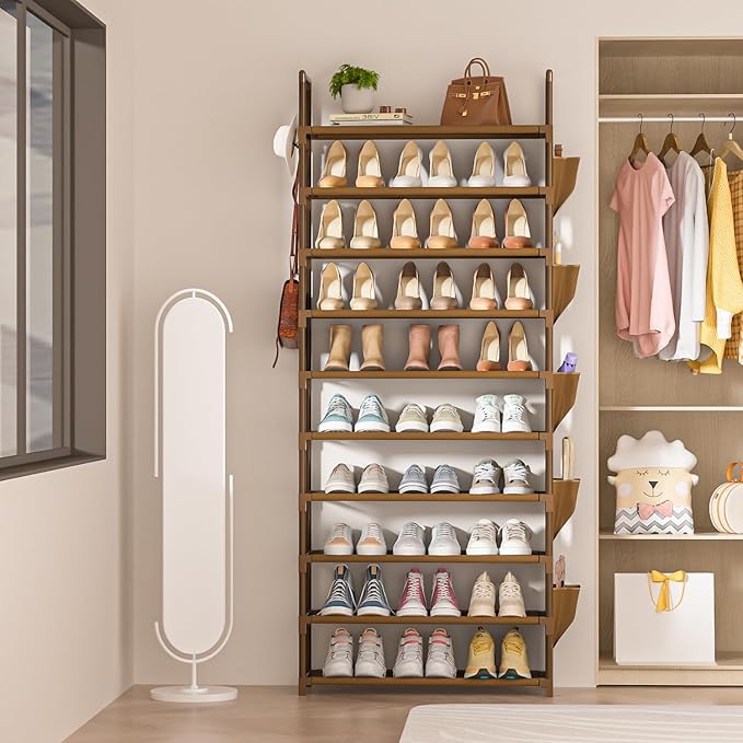 Tall Shoe Rack - 10 Tier Organizer for Closet, 30-35 Pairs, Large Capacity with 5 Hooks and Side Pocket, Sturdy Metal Shoe Shelf, Vertical Shoe Stand Tower