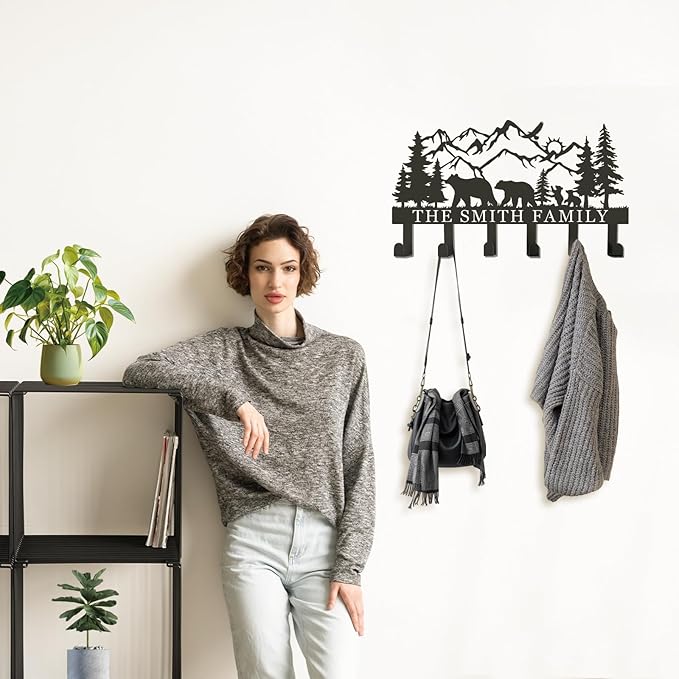 Personalized Metal Coat Rack Wall Mount with Hooks, Decorative Hat & Coat Hooks for Entryway, Hallway, Living Room, and Towel Hooks for Bathroom (Custom)