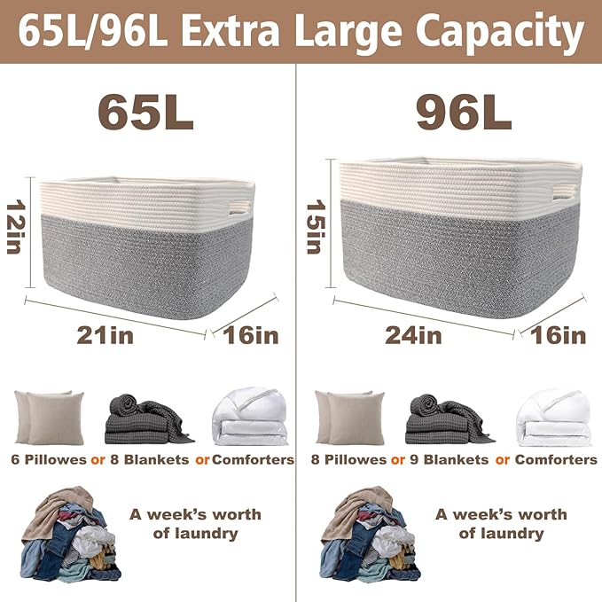 Woven Blanket Basket,96L Large Storage Bin for Blankets Toys Clothes,Decorative Rope Basket for Living Room Bedroom with Handles, White&Grey