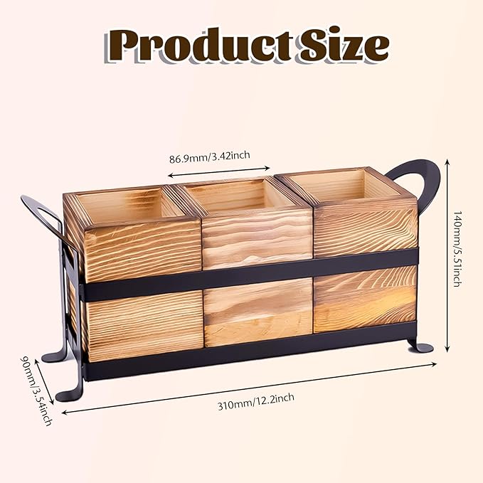 Wooden Silverware Caddy with 3 Detachable Compartments & Portable Handle - Farmhouse Countertop Organizer for Forks/Spoons/Knives, Cutlery Holder for Party, Kitchen & Dining