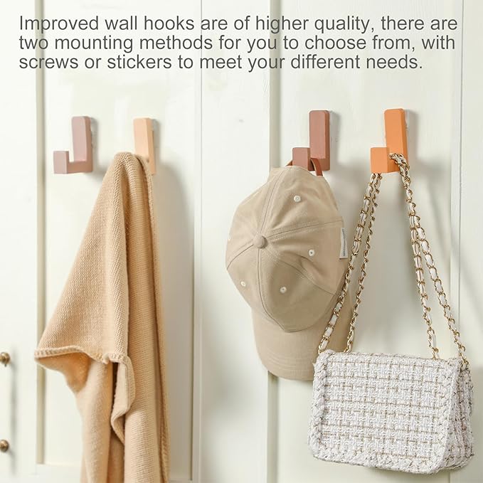 6 Pack Cute Kids Coat Wall Hooks Wooden Adhesive Decorative Colorful Wall Mounted Hangers Backpack Hooks for Hanging Keys Towel Clothes Bathroom Organization(Neutral Colors)