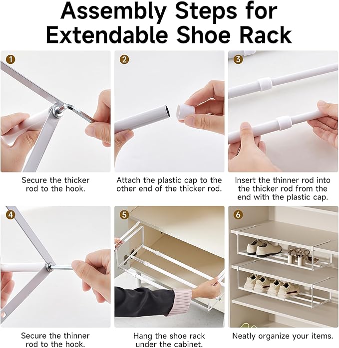 Expandable Hanging Shoe Rack Organizer for Closet, Adjustable Shoe Rack Under Cabinet Shelf, Versatile Under Shelf Storage for Kitchen, Book, Clothing Storage and Organization(White,4PCS)