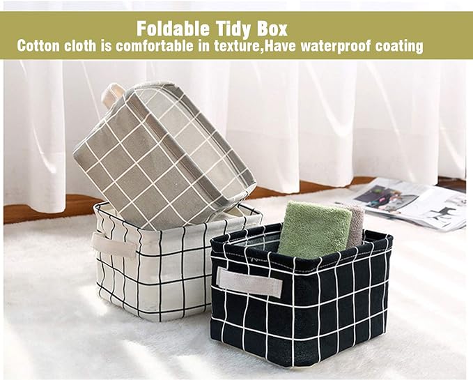 AARAINBOW 3 Packs Storage Basket Bins Canvas Mini Storage Cubes Storage Basket for Makeup, Baby Toys Liners, Books Nursery Storage Baskets with Handles for Shelves & Desks (Black+White+Gray)