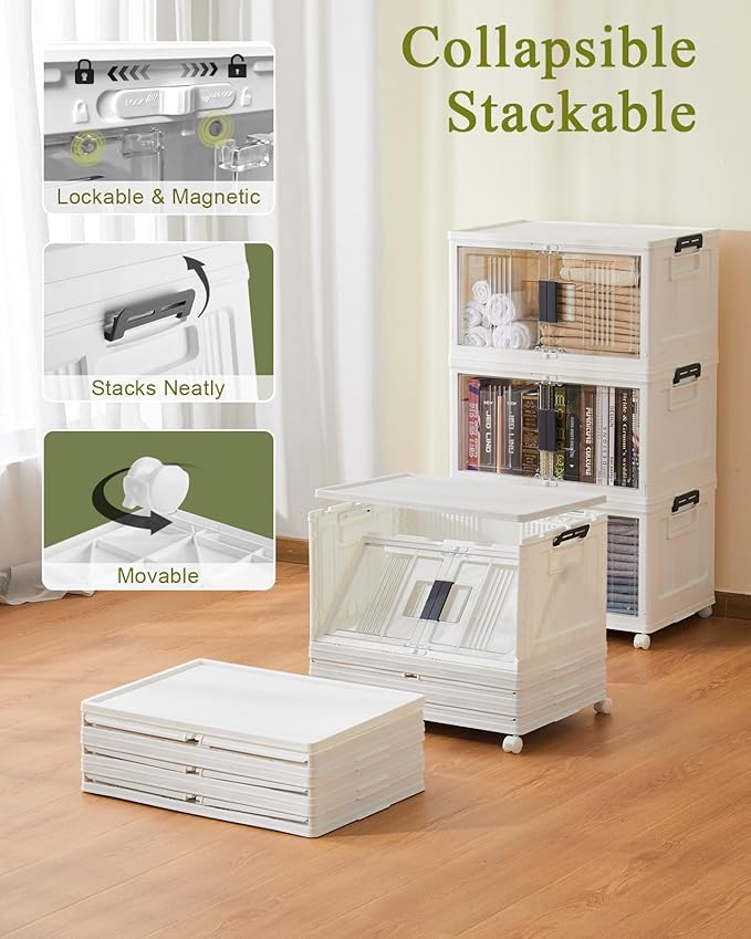 OlarHike 144QT Lockable Storage Bins with Lids - Folding Storage box with Doors and Wheels, Collapsible Plastic Bins for Closets, Stackable Organizer and Containers, Gifts, 3 Pack Cubes